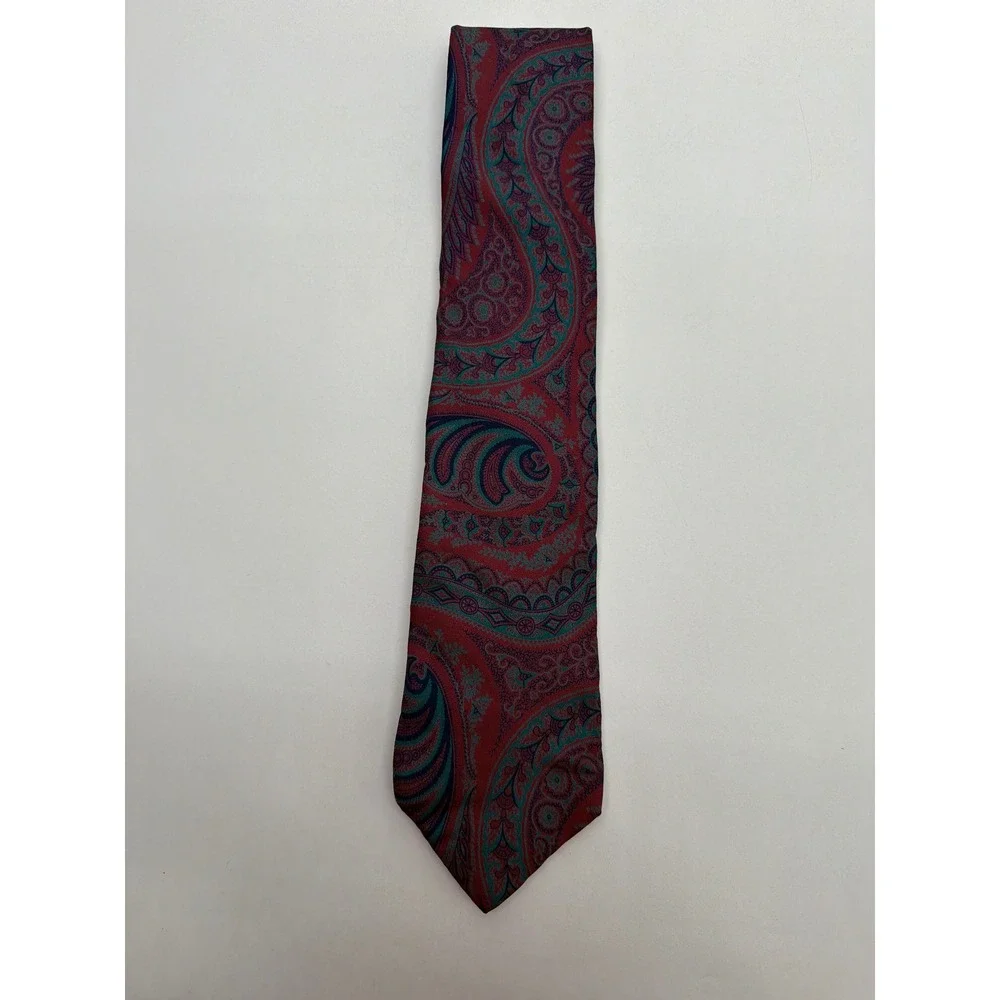 Liberty of London Mens Silk Paisley Tie Burgundy Teal Made in USA 58 Inch